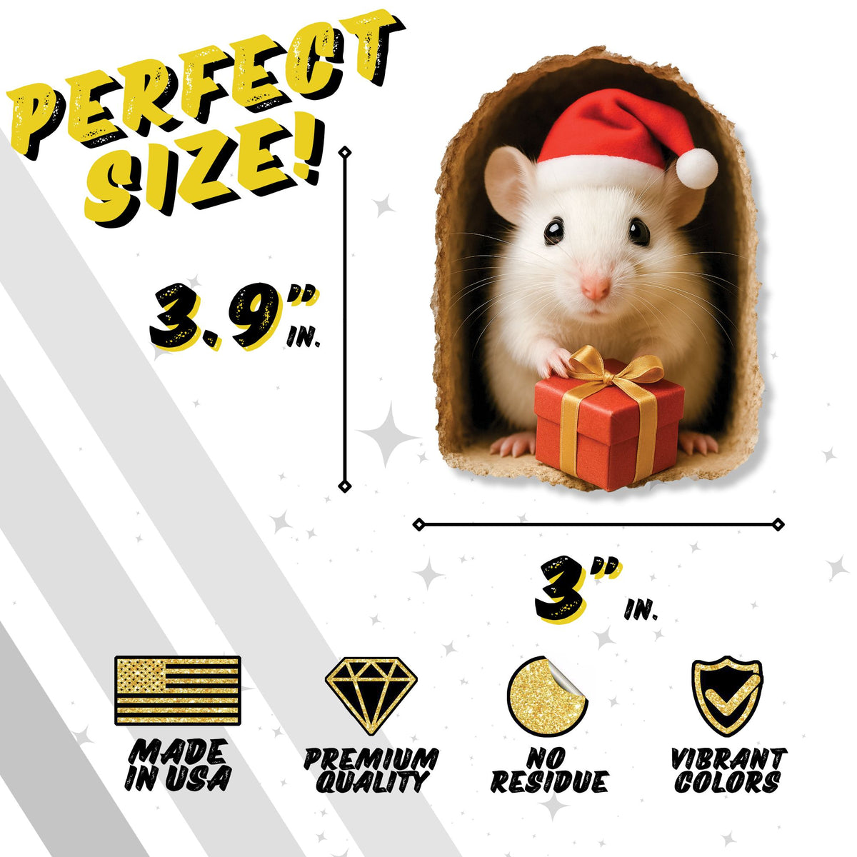 Small animal in a hole with a Santa hat and gift, surrounded by text and icons about product size and features.