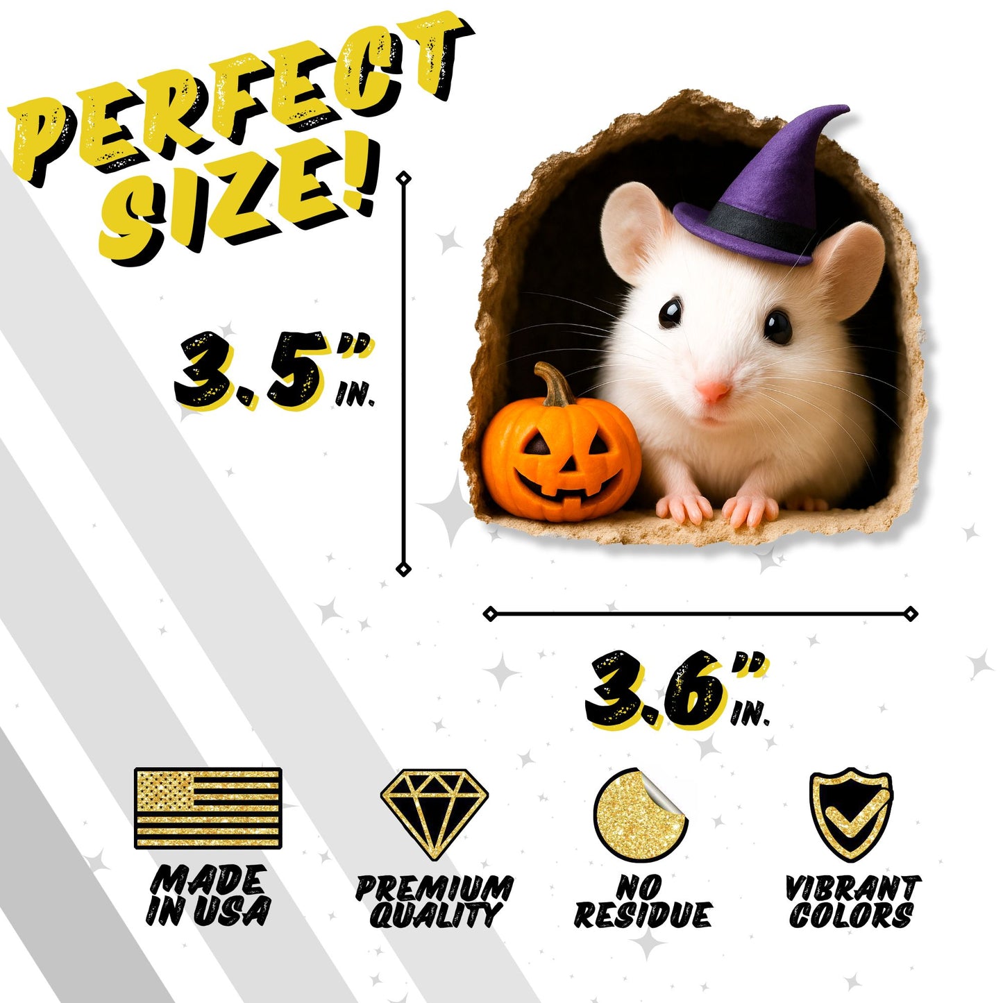 Hamster wearing a witch hat with a pumpkin, surrounded by text and icons indicating product features.