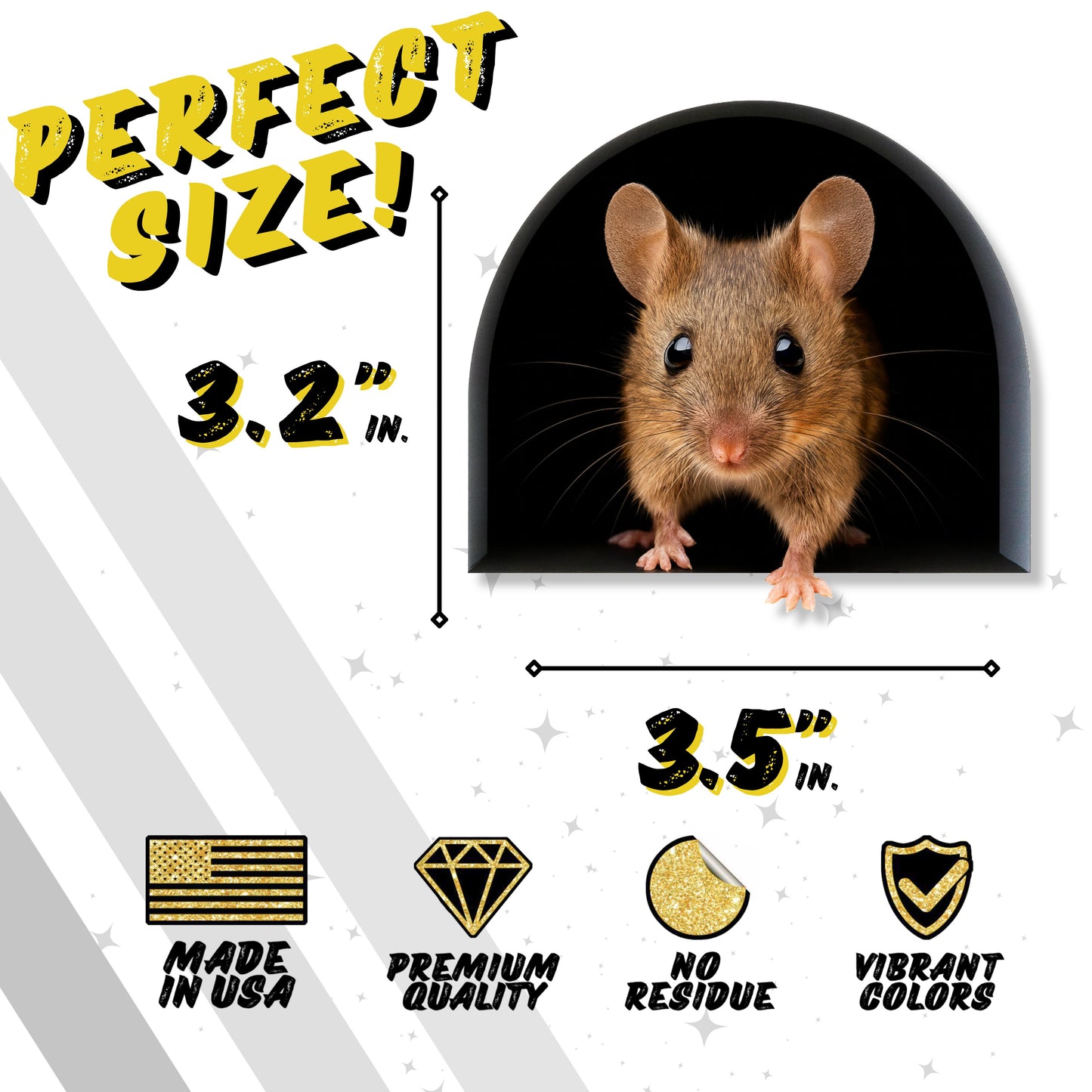 Mouse peeking out from a small hole with size measurement text and product features on a white background