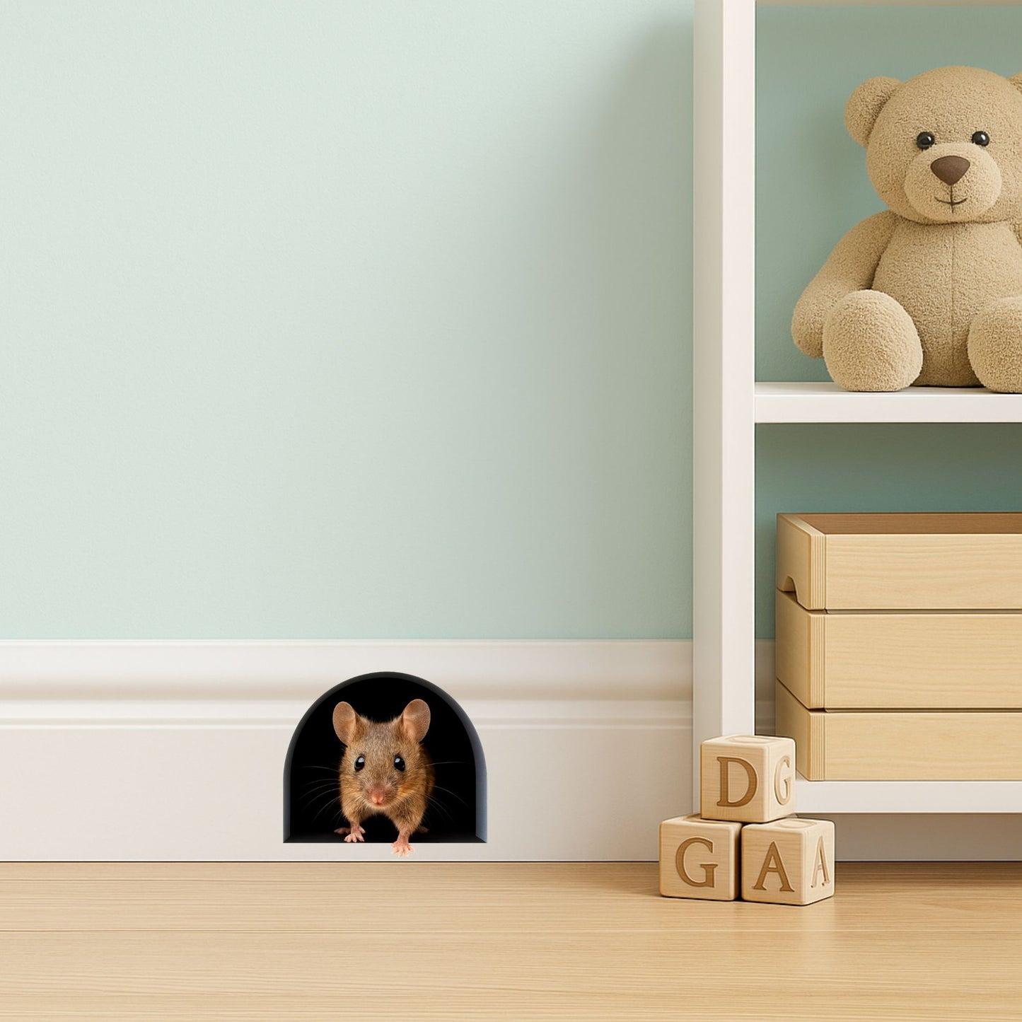 Small mouse peeking out from a hole in a wall next to a teddy bear and wooden blocks.