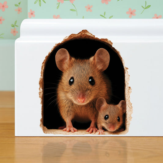 Two mice peeking out from a cardboard box with a floral wallpaper background
