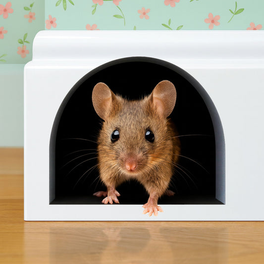 Small rodent peeking out from a white hideout with floral wallpaper in the background