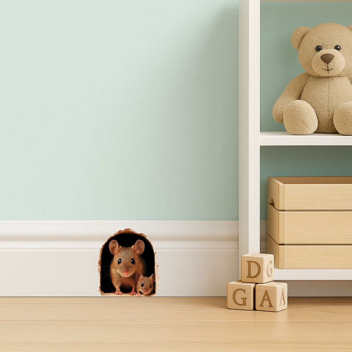 Two small brown animals peeking out from a hole in a white baseboard next to a shelf with a teddy bear and wooden blocks.