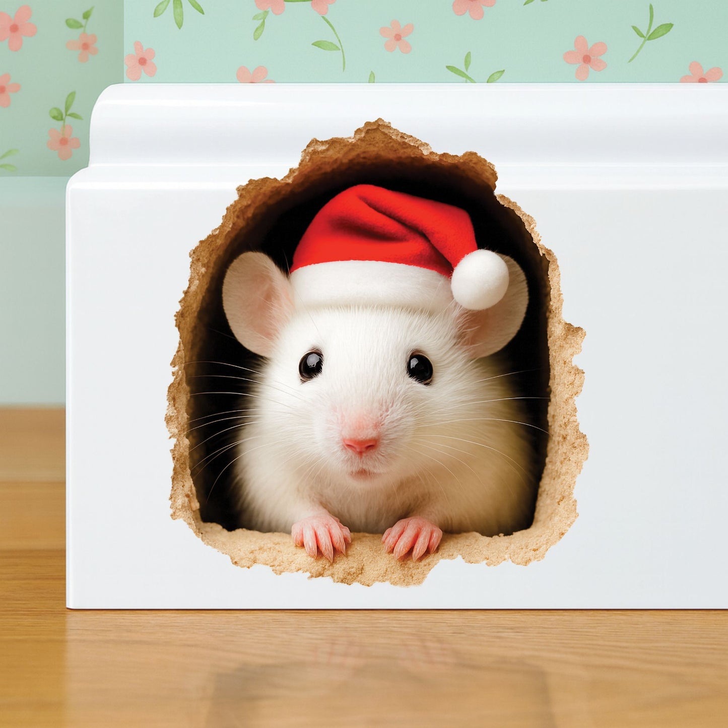 White rat wearing a Santa hat peeking out from a cardboard hole in a white box with a floral background.