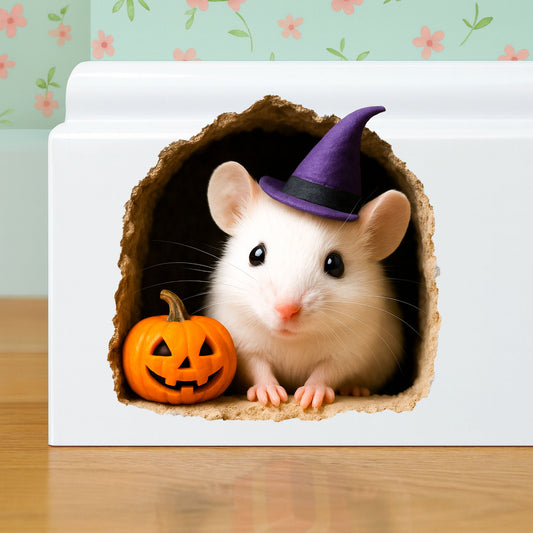 White rat wearing a purple Halloween hat with a small pumpkin next to it in a cardboard box.