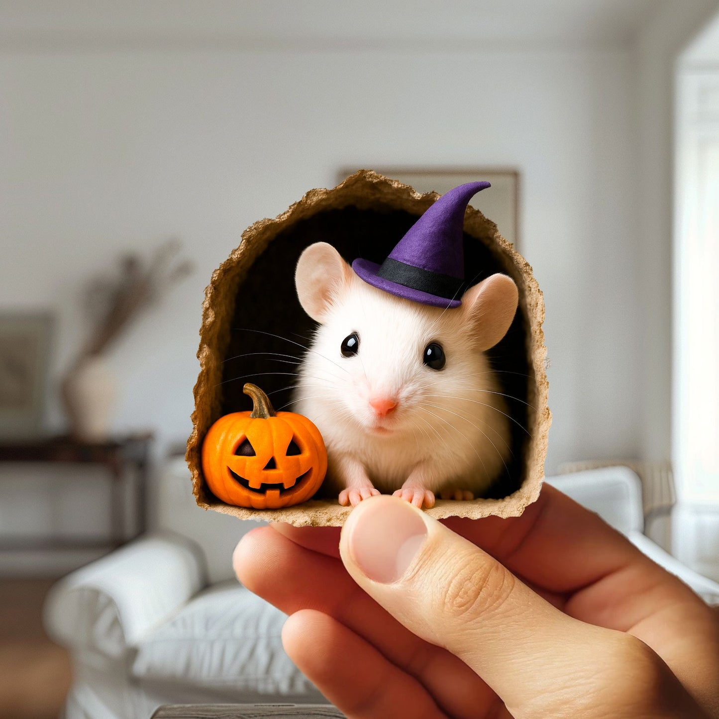 Small animal wearing a witch hat with a pumpkin, held in a hand indoors.
