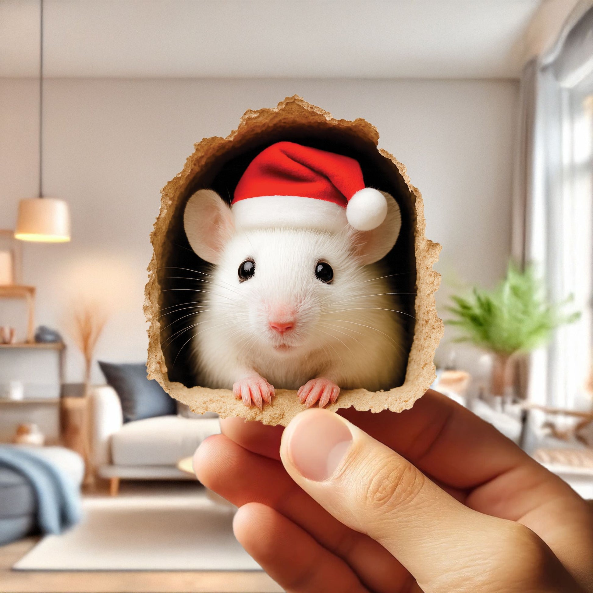 Small white mouse wearing a Santa hat held in a hand with a cozy indoor background