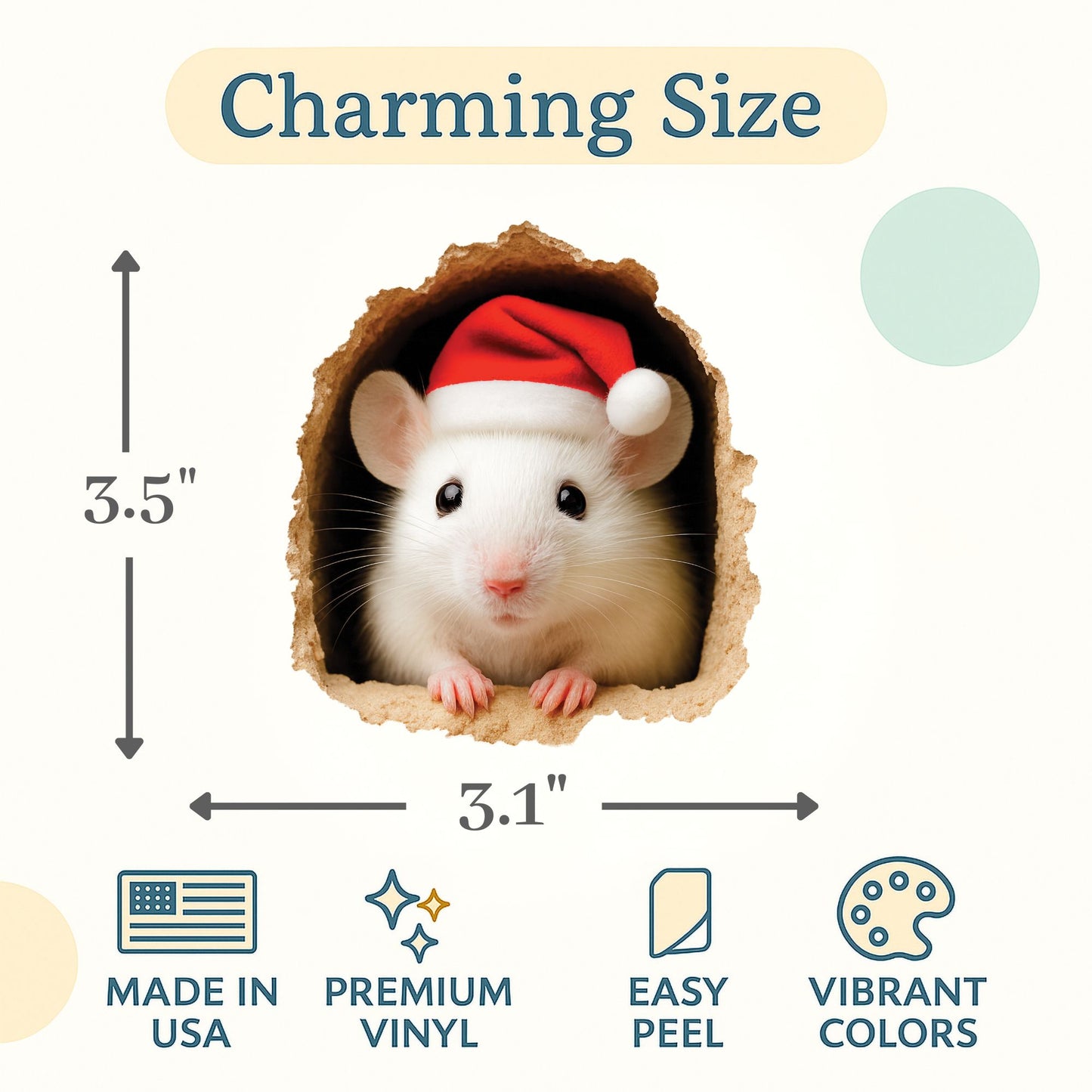 Small animal peeking out from a hole with measurements and product features displayed.