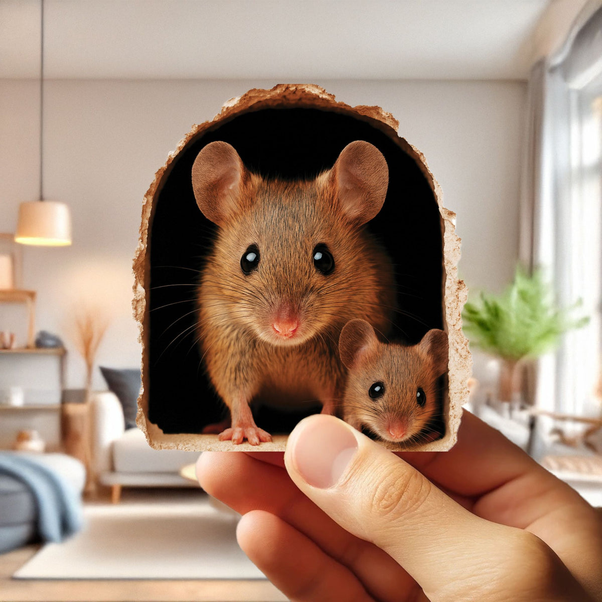 Two small animals peeking out from a cardboard tube held by a hand in a room setting.