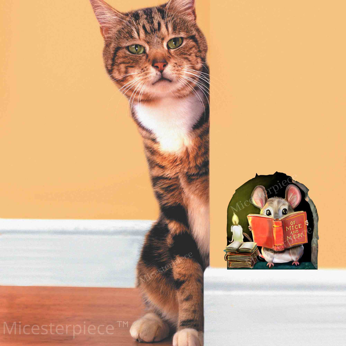 3D wall sticker decal featuring a cat reading a book to a mouse, with the mouse holding a book in its mouth.