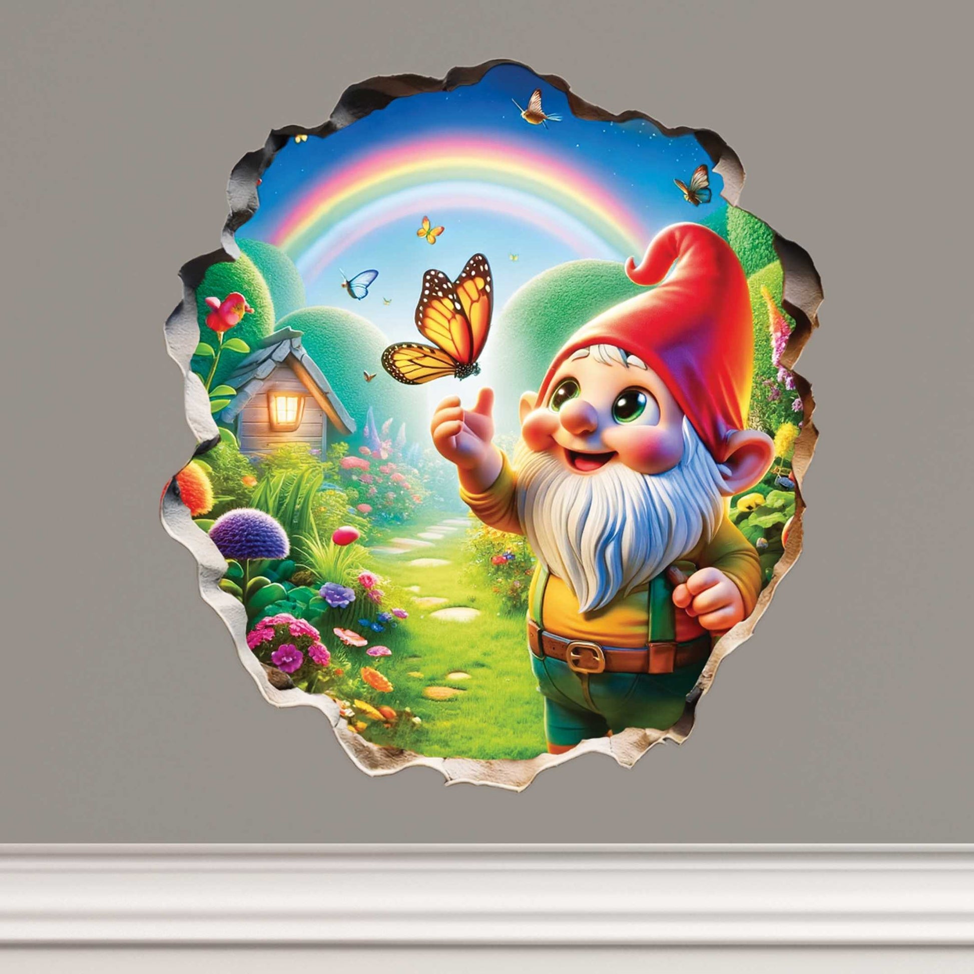 Whimsical garden gnome wall sticker in kids room
