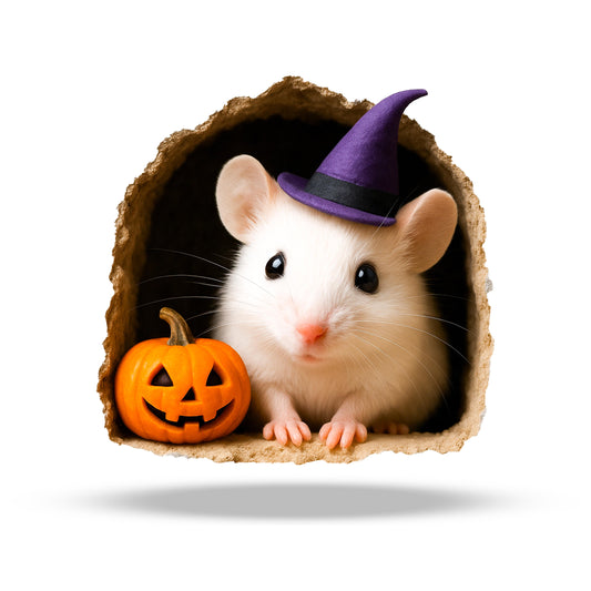 White rat wearing a purple witch hat with a small pumpkin next to it, inside a wooden tunnel.