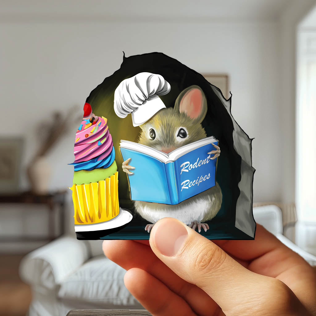 Whimsical reading mouse wall sticker for café or bakery decor
