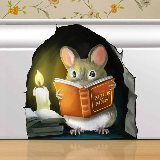 Reading mouse wall sticker in children’s reading nook
