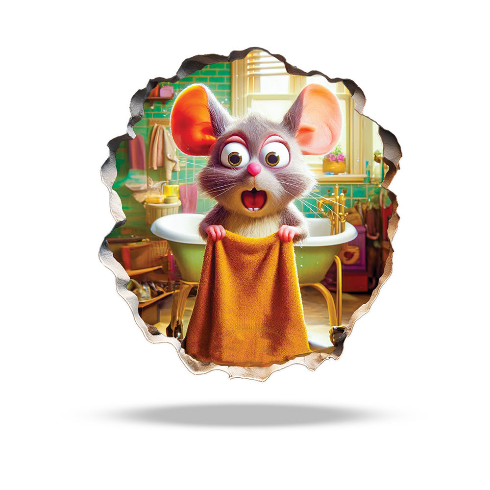A realistic 3D vinyl decal of a mouse hole, with a cute mouse peeking out from the hole, designed for children's room and playroom decor.