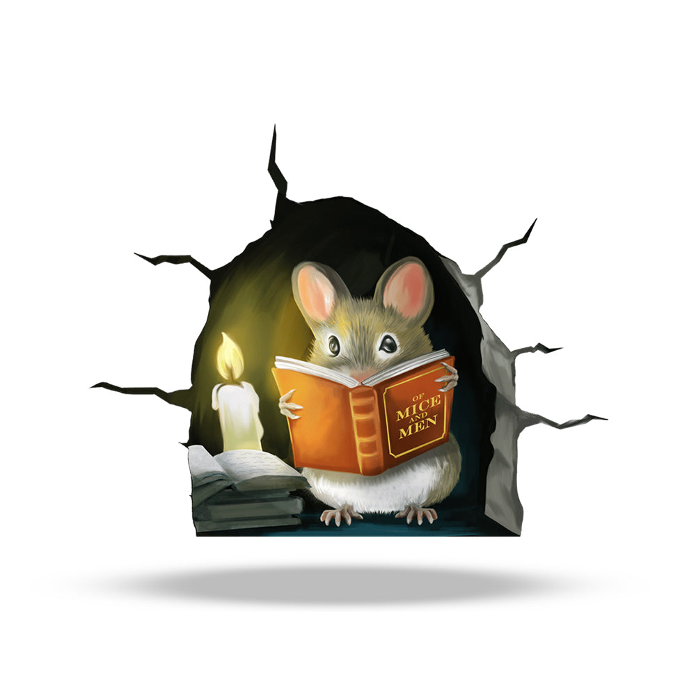Mouse reading book cracked wall 3D wall sticker vinyl decal
