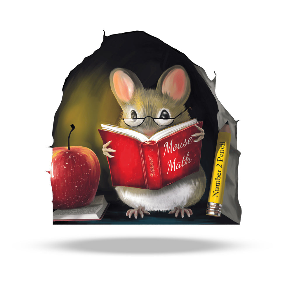 A 3D sticker decal of a mouse reading a book with the title 'Mouse Math' on the cover, placed against a dark background.