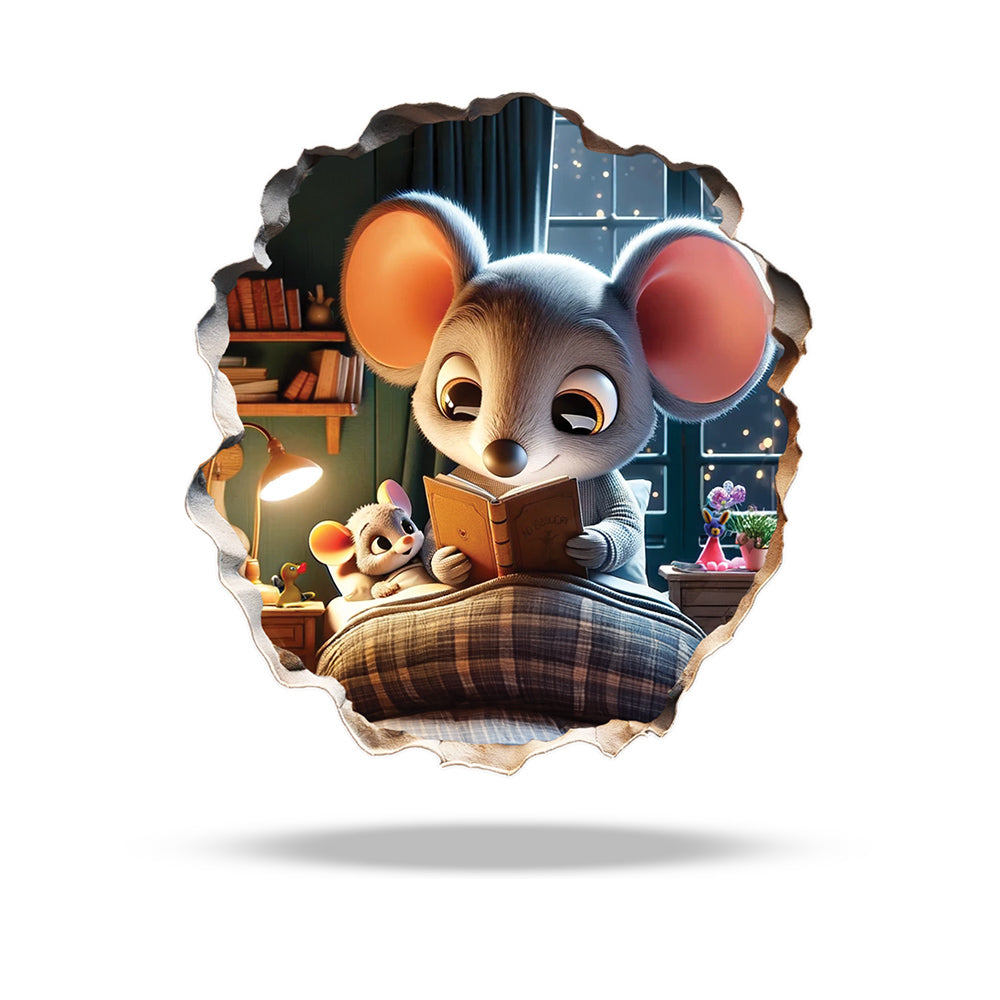 A 3D vinyl decal of a cute mouse reading a book to a smaller mouse, designed for kids' rooms decor.