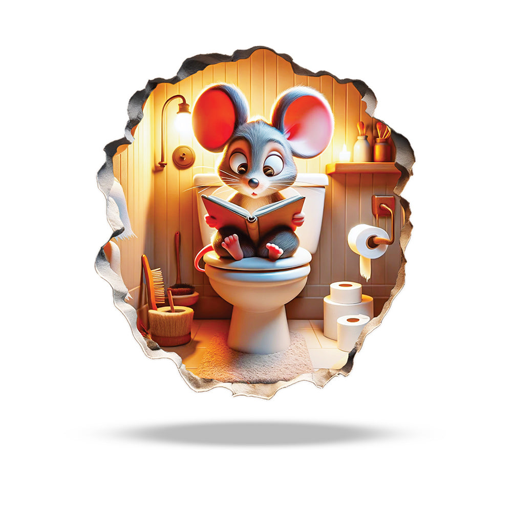 A 3D vinyl decal of a cute mouse sitting on a toilet in a bathroom setting.