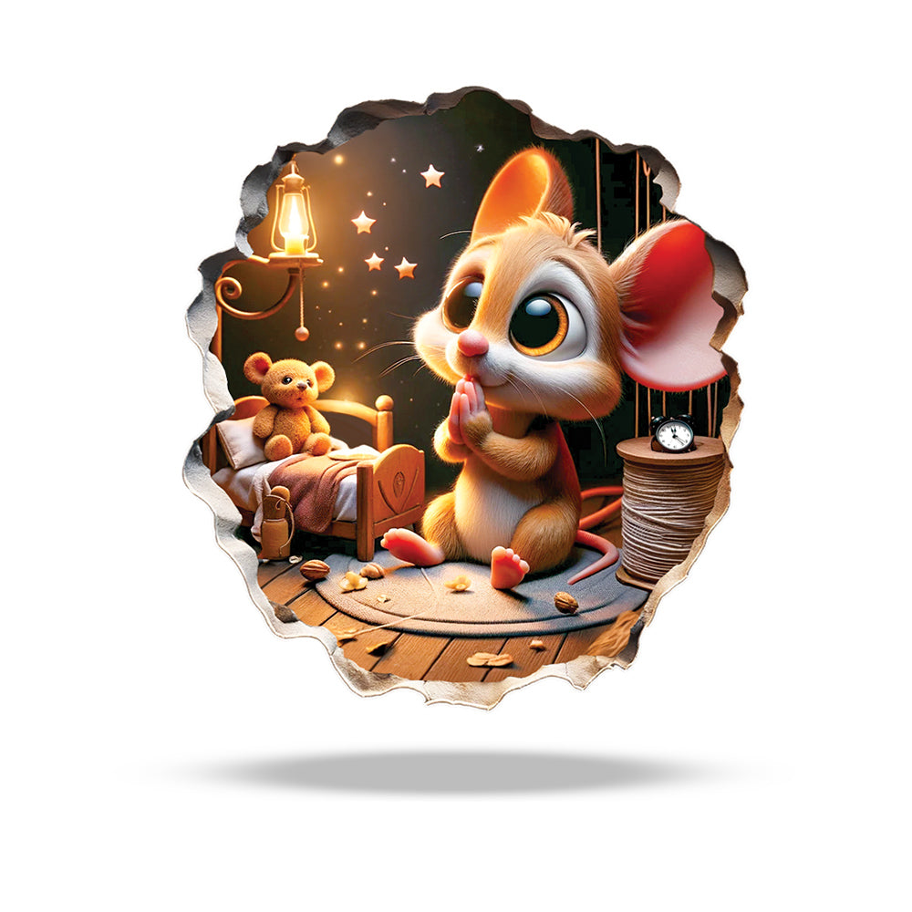 A 3D vinyl decal of an adorable mouse with a 3D effect, placed in a bathroom setting with a dark background, a bed, and a teddy bear.
