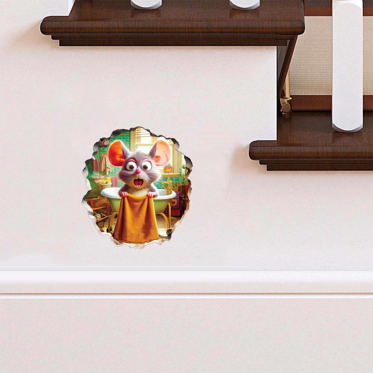 Whimsical mouse hole wall decal for playroom or hallway
