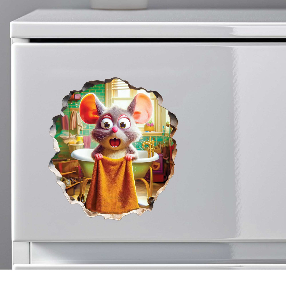 Whimsical mouse hole wall decal for playroom or hallway
