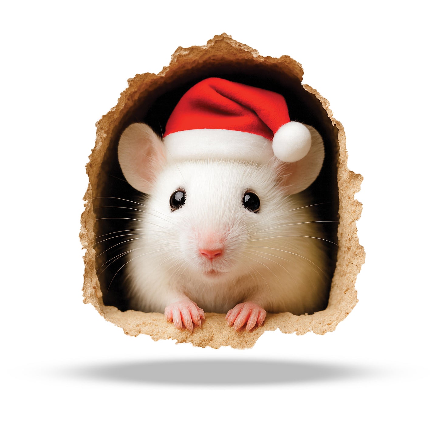 Santa mouse peeking from a wall hole wearing a red Santa hat