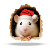 Santa mouse peeking from a wall hole wearing a red Santa hat