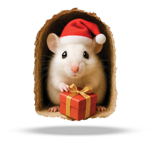 Mouse wearing a Santa hat holding a Christmas gift box on a white background