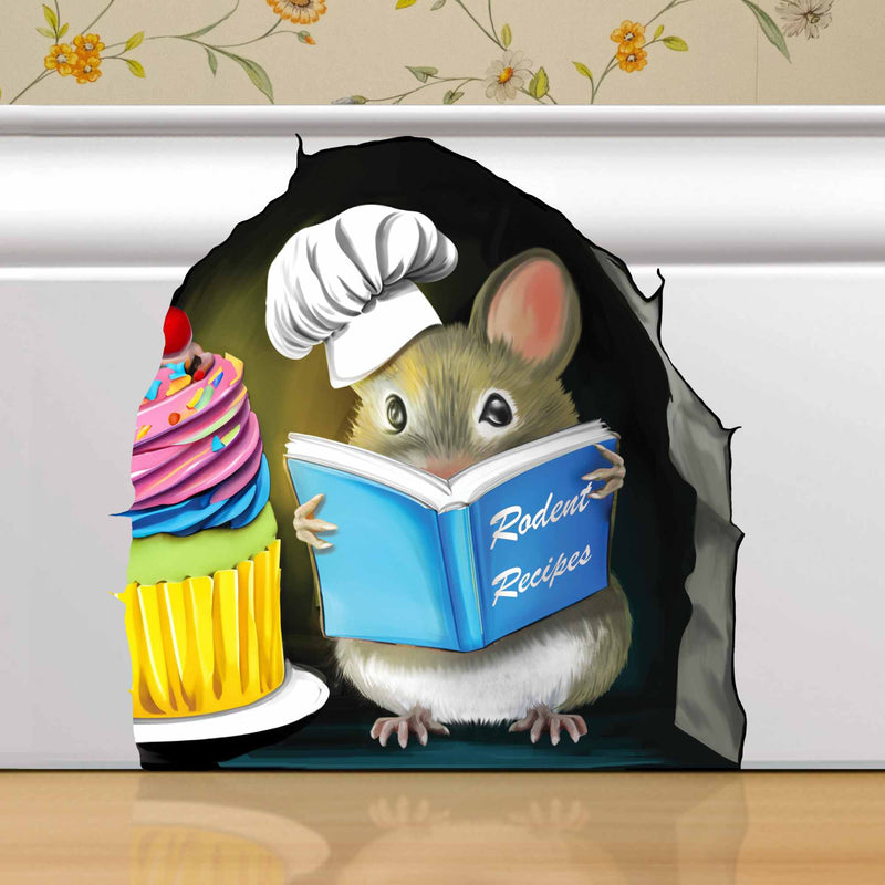 Whimsical reading mouse wall sticker for café or bakery decor
