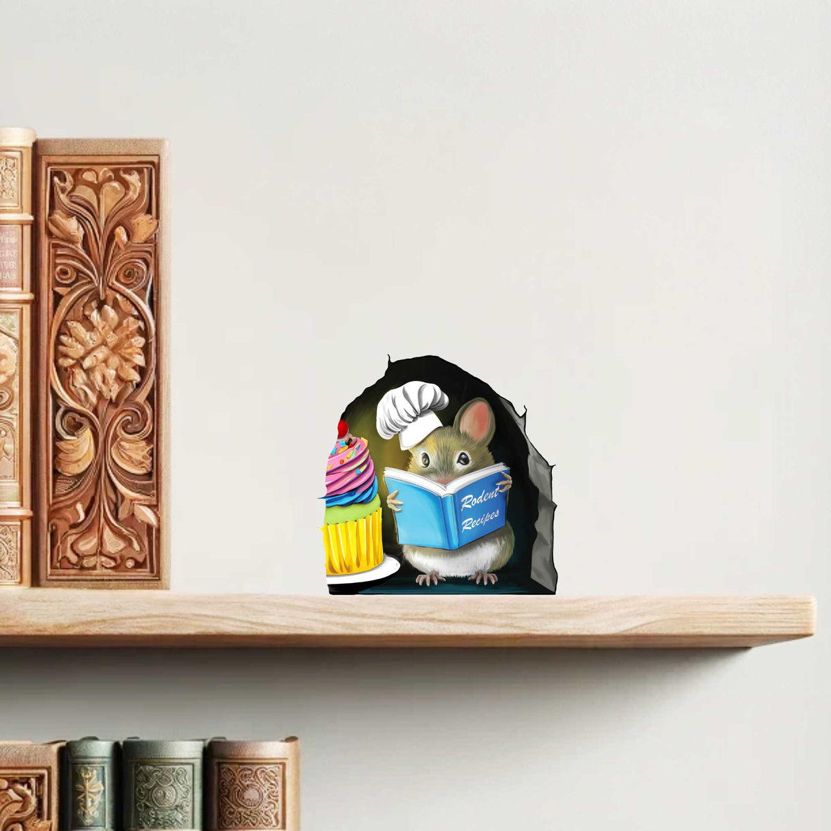 Whimsical reading mouse wall sticker for café or bakery decor
