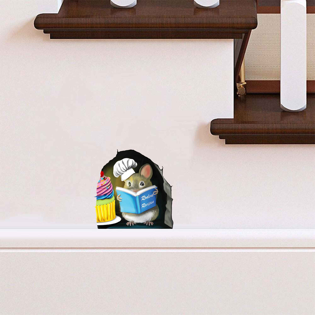 Whimsical reading mouse wall sticker for café or bakery decor
