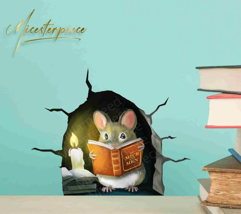 Reading mouse cracked wall decal for classroom or library
