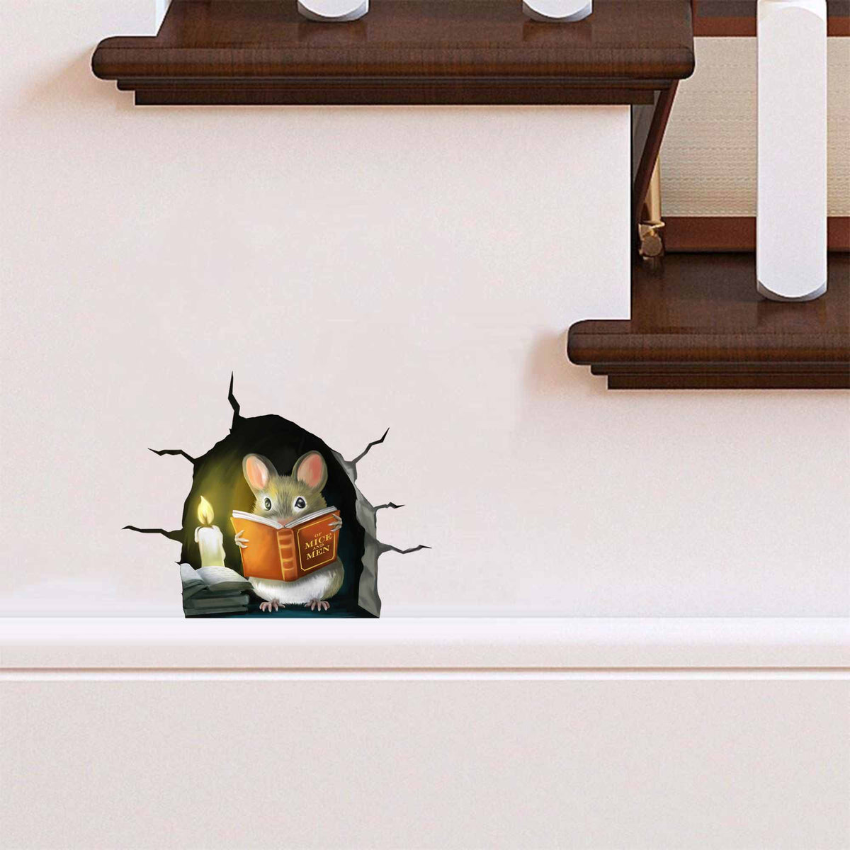 Cracked wall reading mouse wall sticker in kids room
