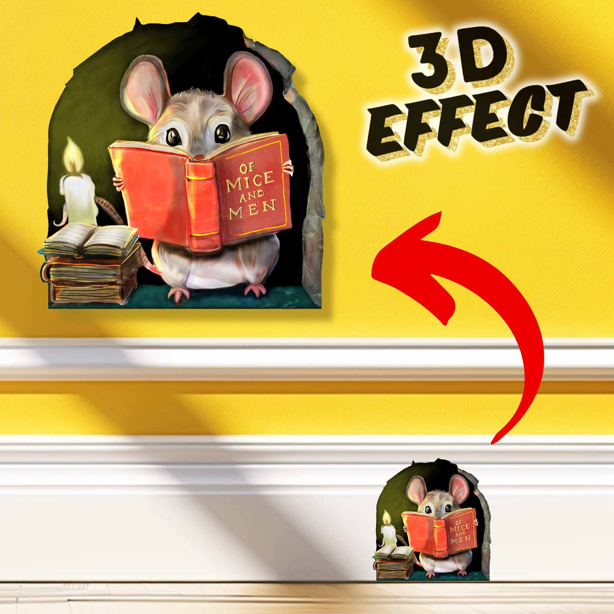 Small reading mouse wall sticker in library
