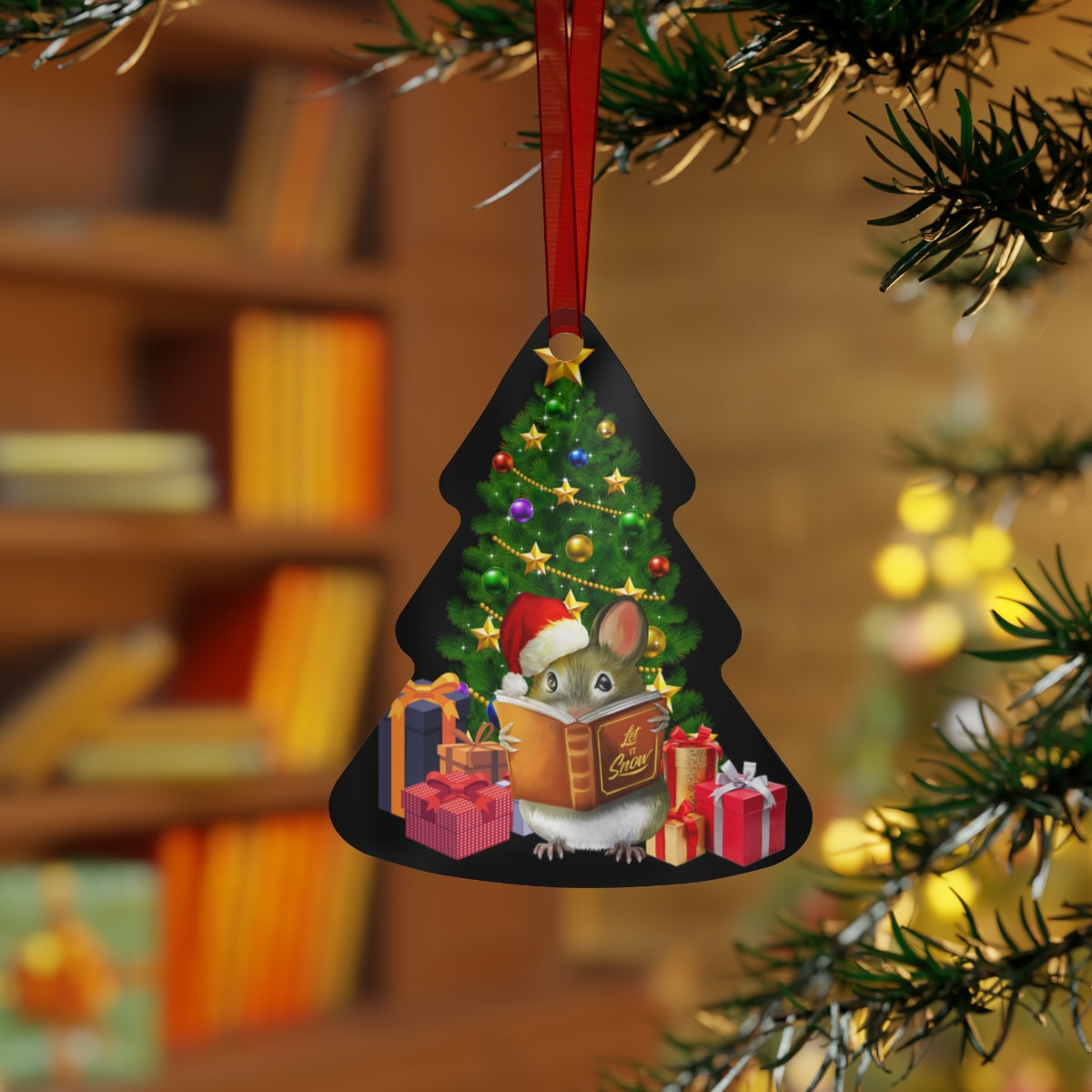 Custom Metal Ornaments, Christmas Mouse Reading a Book