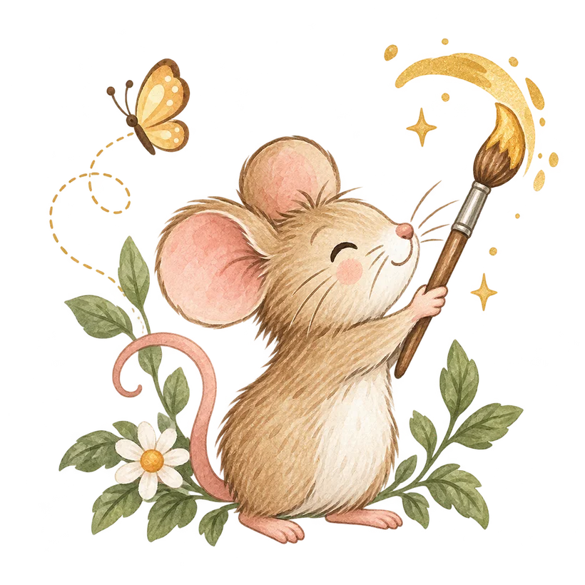 Whimsical watercolor mouse artist with a paintbrush