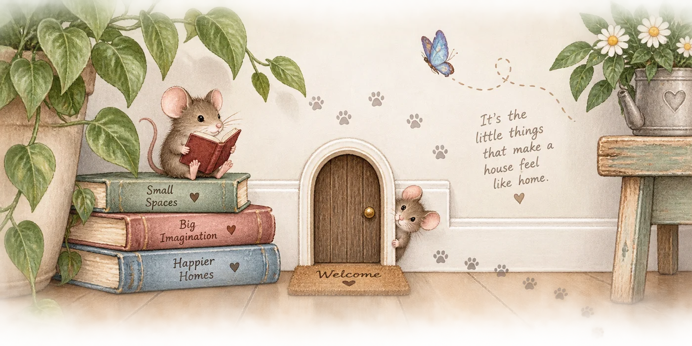 Whimsical watercolor mouse scene along a baseboard