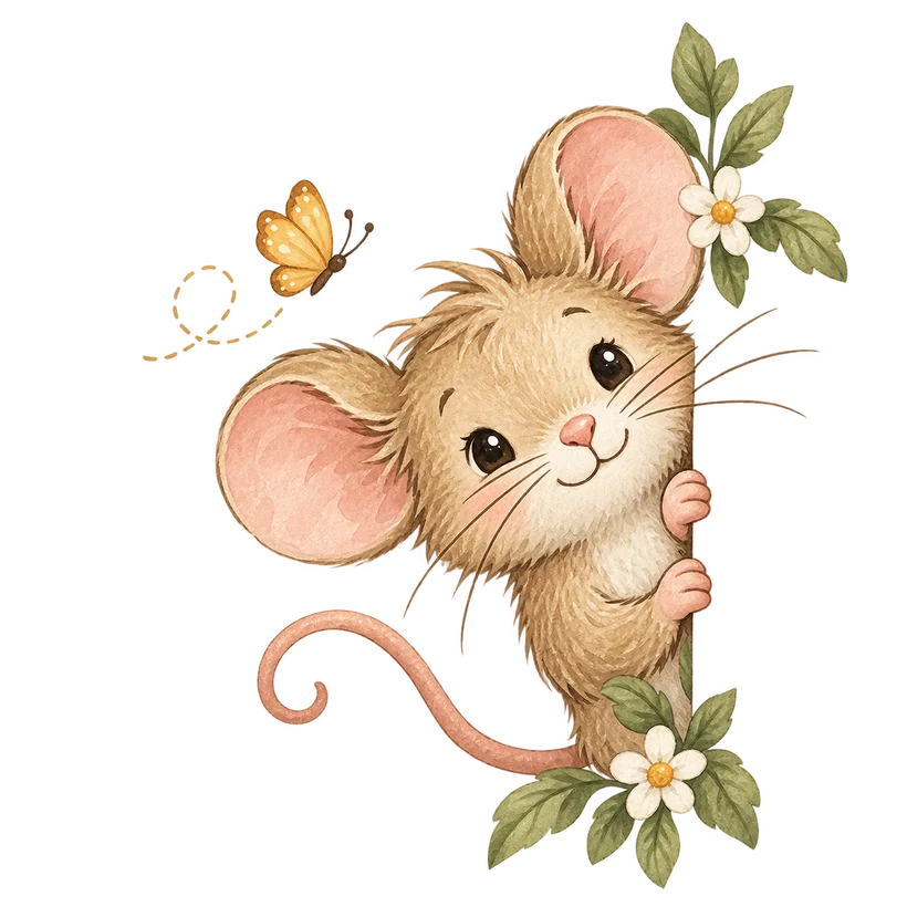 Whimsical watercolor mouse peeking from flowers