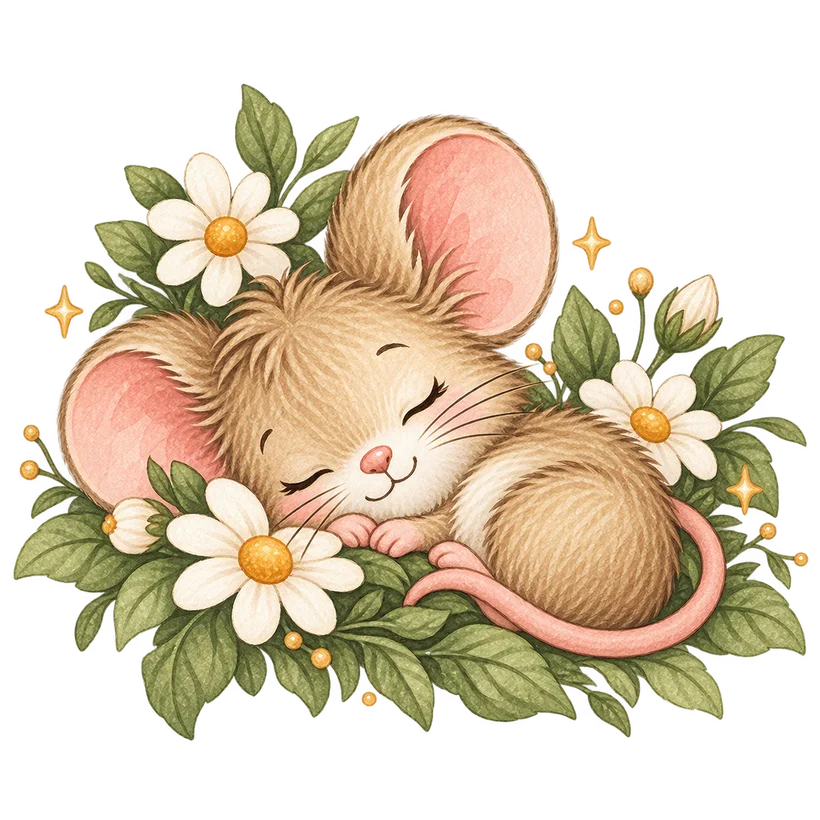 Sleeping watercolor mouse among flowers